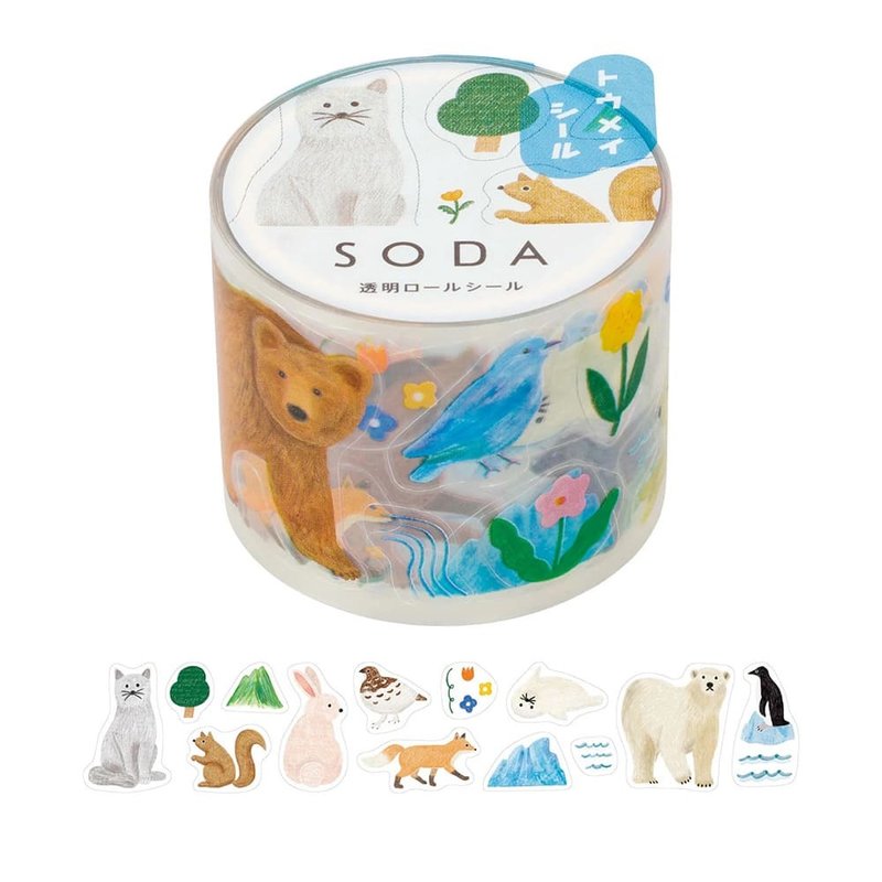 【KING JIM】HITOTOKI SODA Transparent PET Roll Tape 30MM Multiple Stickers for Small Animals - มาสกิ้งเทป - วัสดุอื่นๆ 