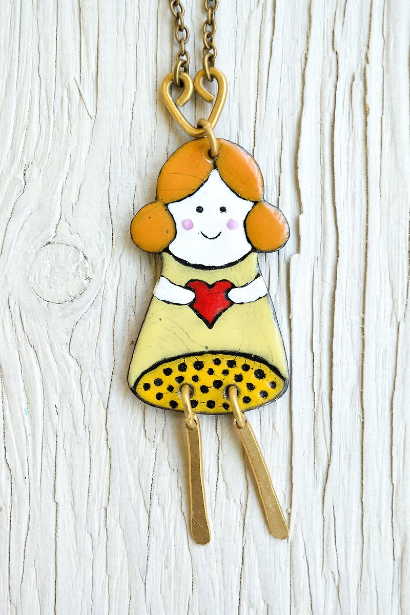 Girl and Heart, Enamel Necklace, Little Girl and Love, Enamel Pendant, Red Heart - Necklaces - Enamel Yellow