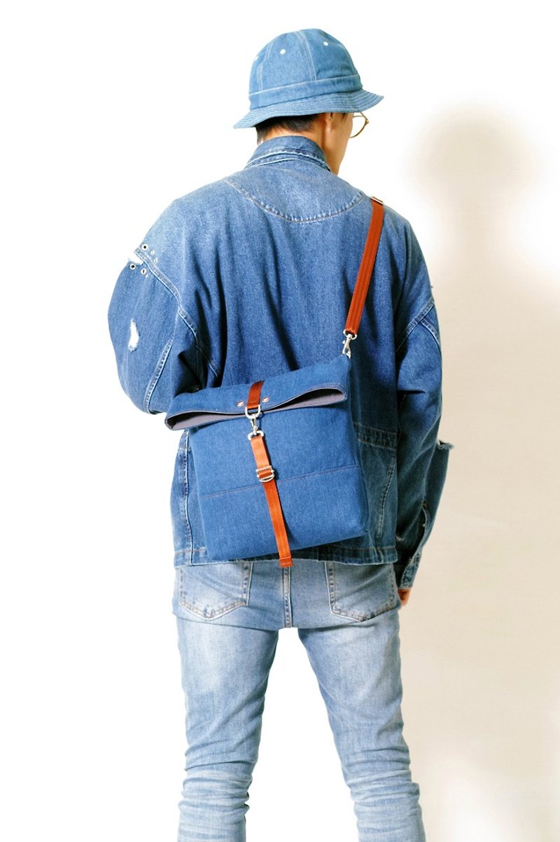 DENIM-手做丹寧牛仔帆布折蓋式斜側揹/平板電腦包 - 側背包/斜孭袋 - 棉．麻 藍色
