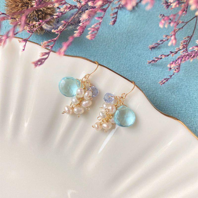 June Bride 14kgf Sky Blue Quartz Sapphire Freshwater Pearl earrings - ต่างหู - เครื่องเพชรพลอย สีน้ำเงิน