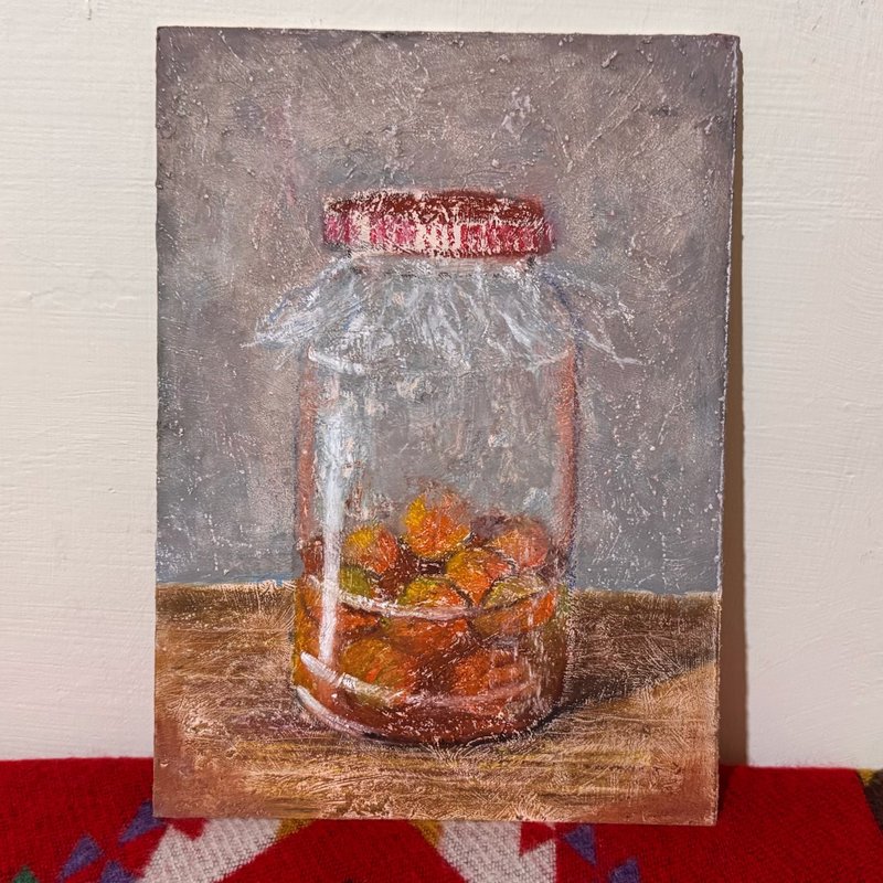 There is a picture on the paper - nostalgic plum jar - crayon wood board painting - โปสเตอร์ - ไม้ หลากหลายสี