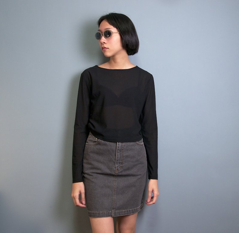FOAK vintage / black / minimalist chiffon micro transparent long sleeve shirt - Women's Tops - Polyester Black