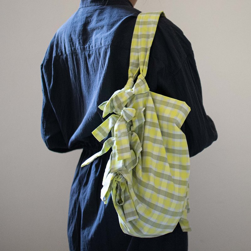 蝴蝶結繫帶托特包 Ribbon Tote (S) | 格紋黃灰 - 側背包/斜孭袋 - 棉．麻 黃色