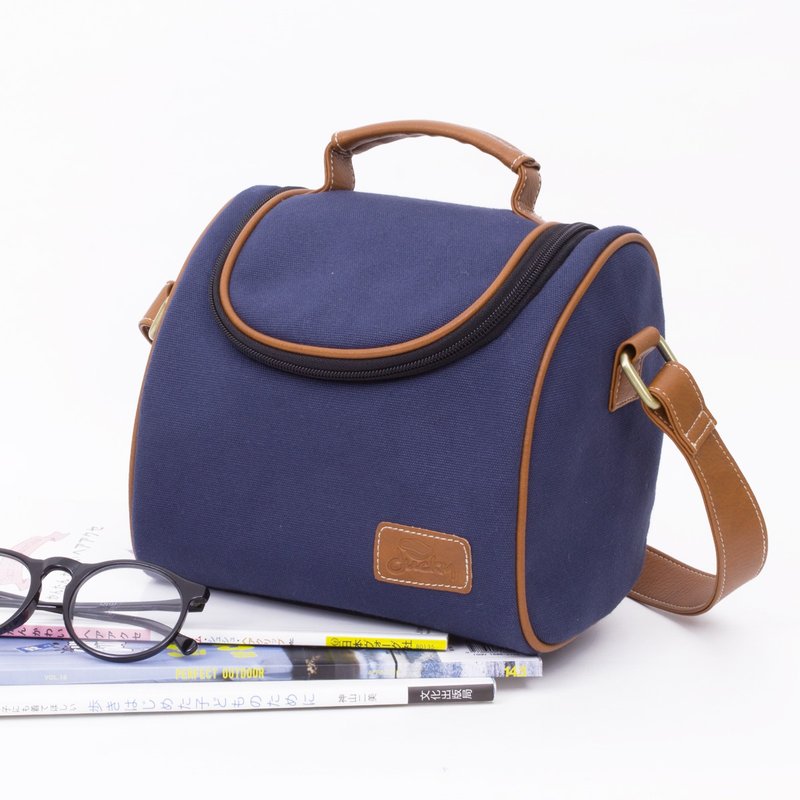 Classy Box - navy blue+brown tan(strap) - กระเป๋าแมสเซนเจอร์ - ผ้าฝ้าย/ผ้าลินิน สีน้ำเงิน