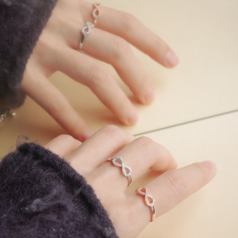 925純銀 滿鑽無限開口戒(銀/玫瑰金) 兩色 可調整尺寸  生日禮物 - 戒指 - 純銀 銀色