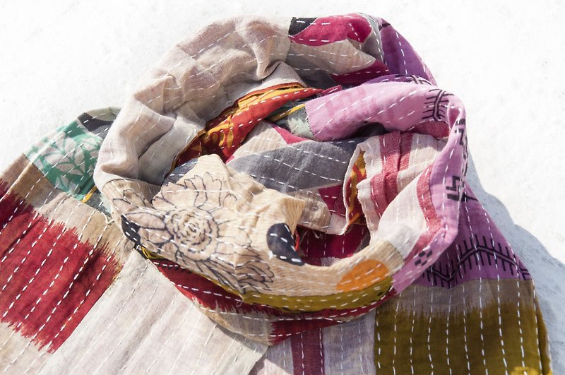 Hand-stitched sari cloth stitching silk scarf/embroidered silk scarf/embroidered scarf/hand-stitched sari thread silk scarf-Peruvian colors - ผ้าพันคอถัก - ผ้าฝ้าย/ผ้าลินิน หลากหลายสี