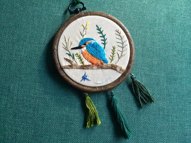 Kingfisher Hong Kong wild bird embroidery painting - ของวางตกแต่ง - งานปัก สีเขียว