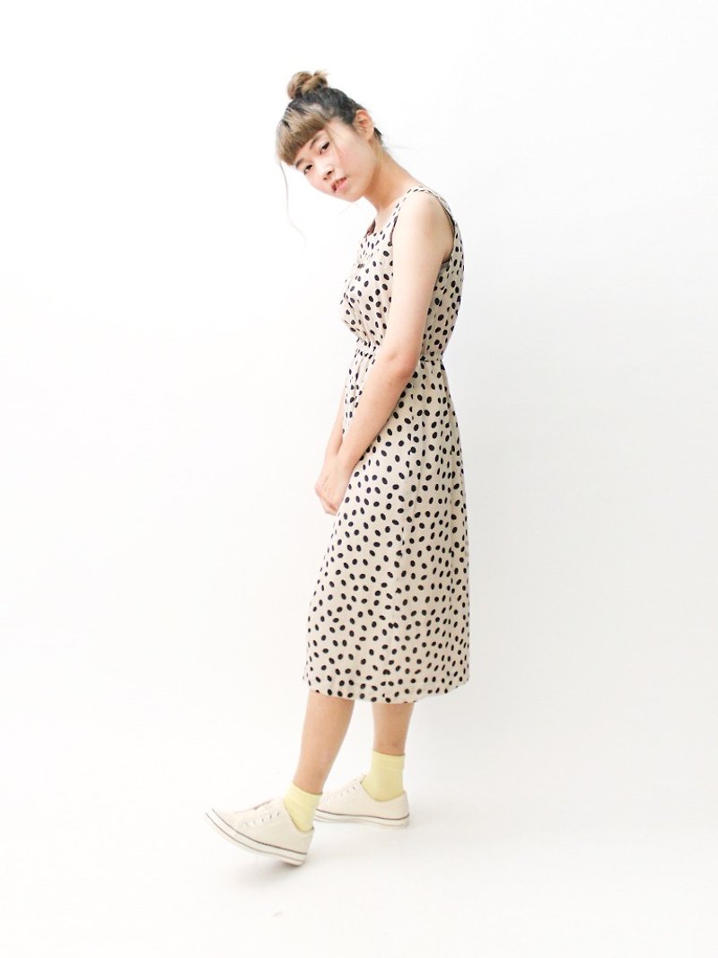 【RE0503D1119】日本製甜美復古珍珠奶茶吊帶背帶春夏古著洋裝 - 洋裝/連身裙 - 聚酯纖維 卡其色