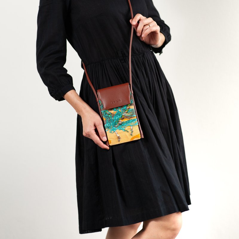 Emair Rainforest No. 3 - Leather Phone Bag with One-of-a-Kind Embroidery - Other - Genuine Leather Brown