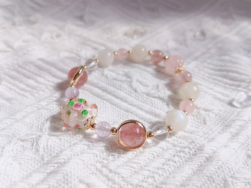 Strawberry crystal x pink crystal x moonstone x amethyst x white crystal bracelet-love - Bracelets - Crystal Pink