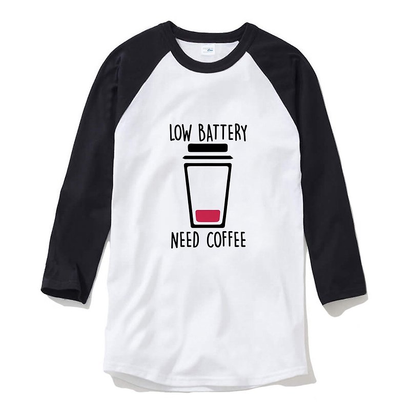 LOW BATTERY NEED COFFEE unisex 3/4 sleeve white/black t shirt - Men's T-Shirts & Tops - Cotton & Hemp White