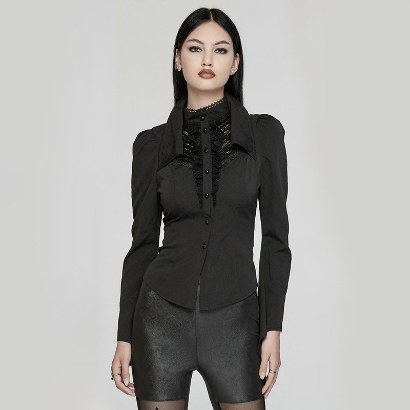 Gothic Psyker Gorgeous Double Collar Lace Shirt - เสื้อเชิ้ตผู้หญิง - วัสดุอื่นๆ สีดำ