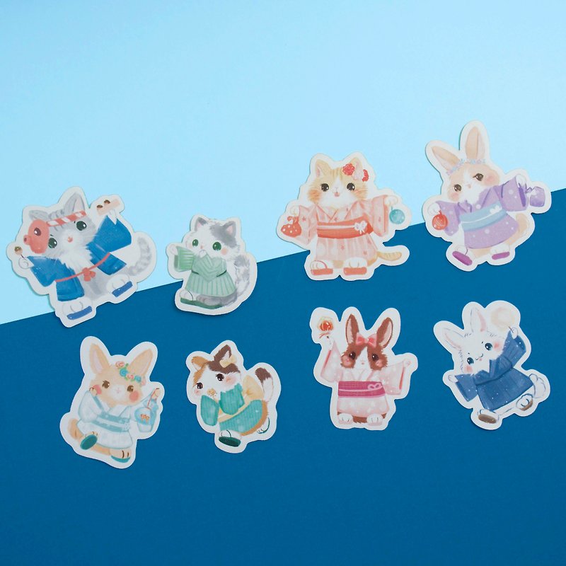 夏祭り 浴衣貓貓兔兔 貼紙包 - 貼紙 - 紙 藍色