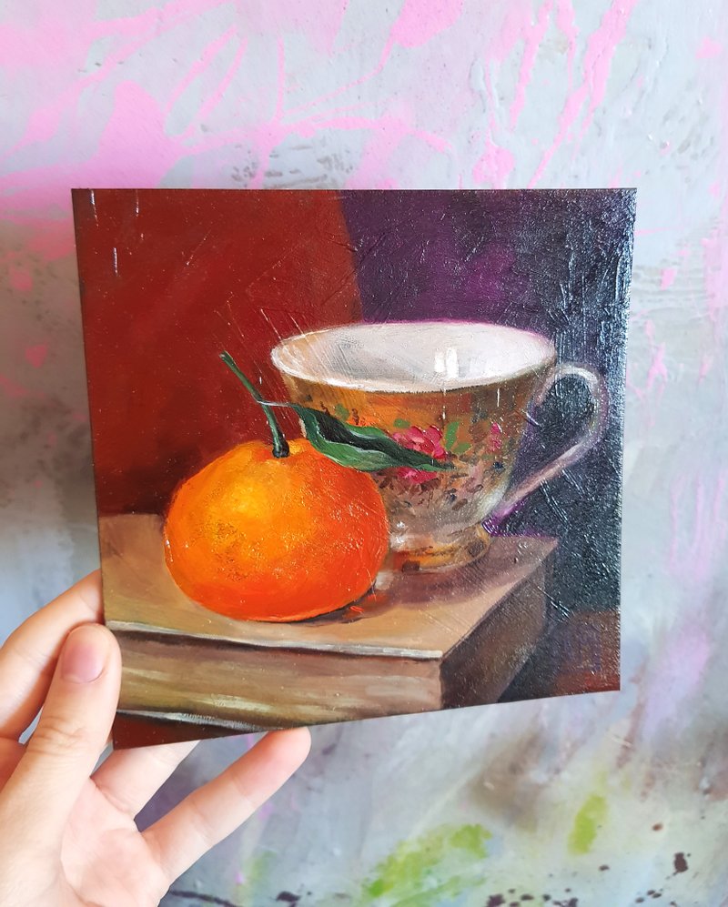 Small original cute Still life artwork hand painted Oil painting on Cardboard - 壁貼/牆壁裝飾 - 其他材質 