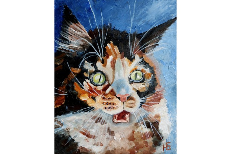 Funny Cat Portrait Original Painting, Cute Pet Wall Art ,Kitten Artwork - 海報/掛畫/掛布 - 其他材質 多色