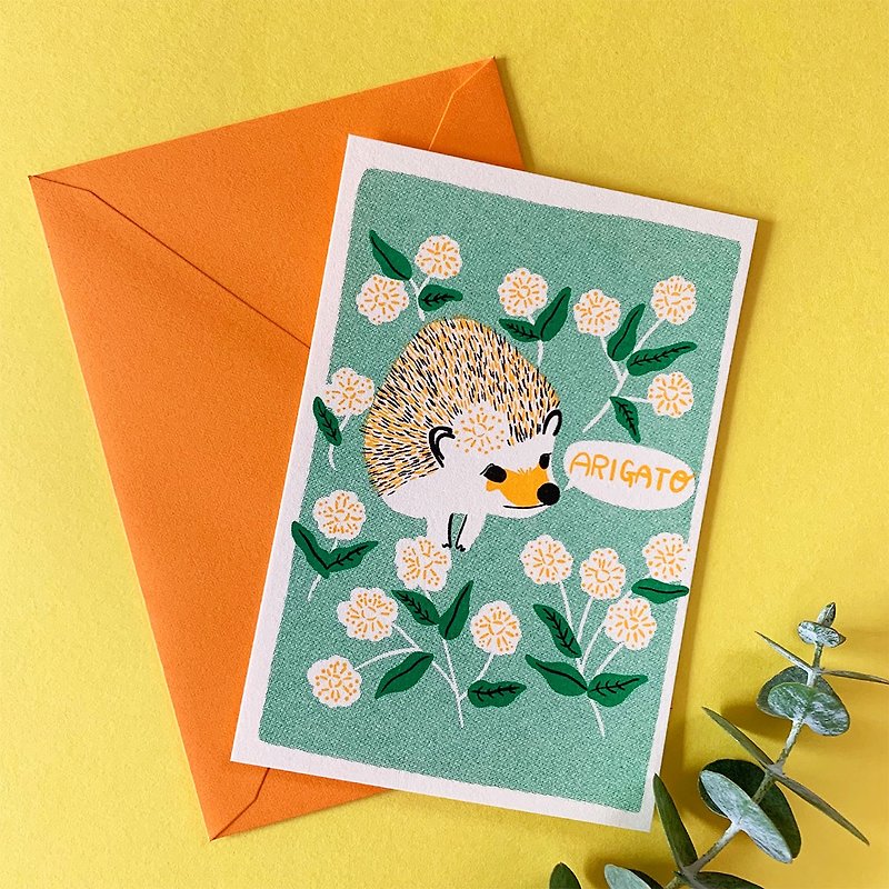 ARIGATO Card (Thank You Card) with Envelope - Flowers & Hedgehog - - การ์ด/โปสการ์ด - กระดาษ สีเขียว