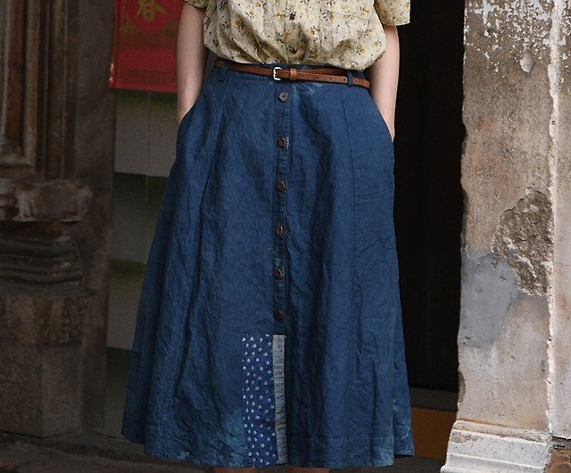 Indigo Japanese Linen Patchwork Half A-Line Skirt Maple Leaf