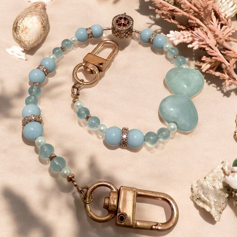 航海之心手機鍊 海藍寶 摩根石 金屬花飾 手作吊飾 - 吊飾/掛飾 - 水晶 藍色