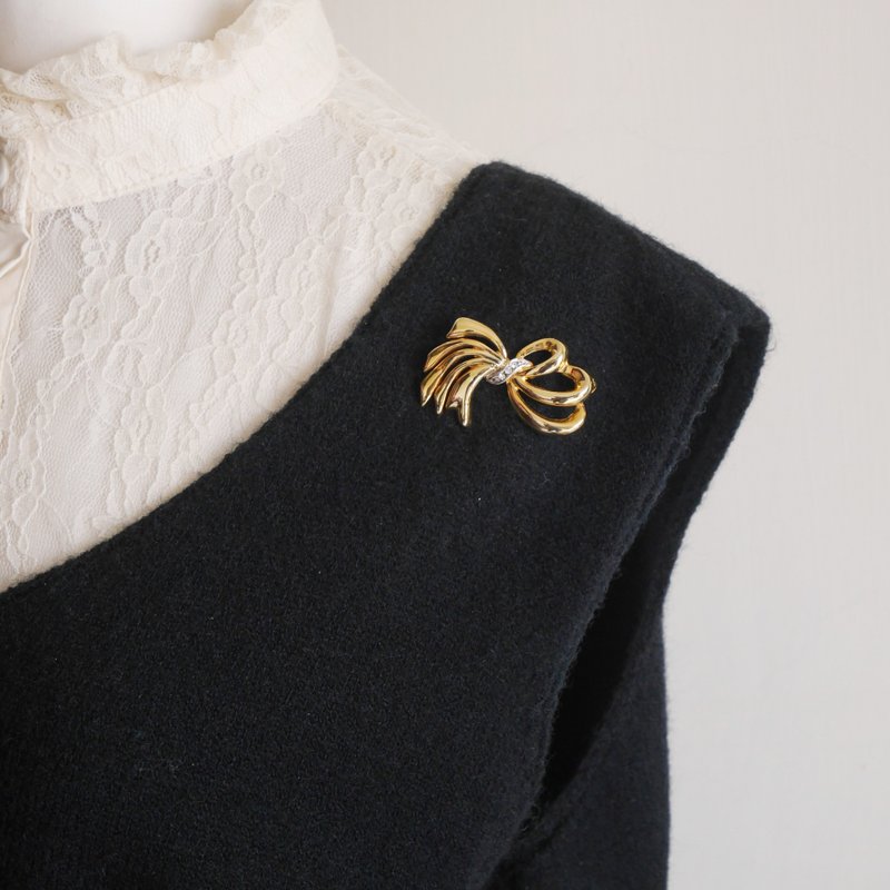 老又好古董Vintage古著金色珍珠線條蝴蝶結別針胸針 B1819 - 胸針 - 其他金屬 金色