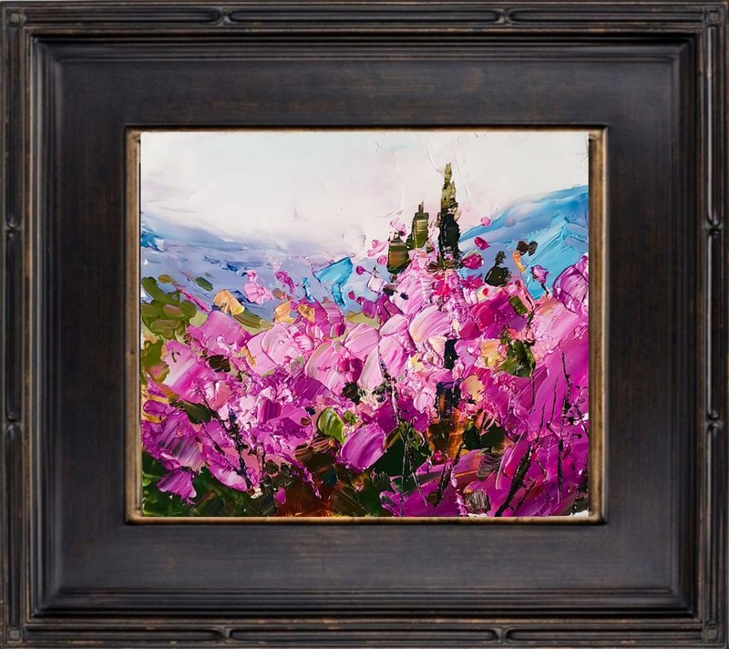 Sakura Painting Original Art Small Impasto Oil Painting Floral Artwork 微型油画 掛畫 - 海報/掛畫/掛布 - 其他材質 粉紅色