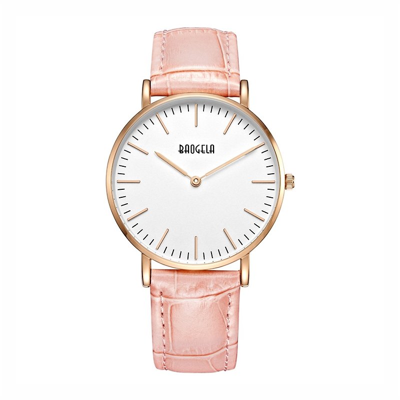 BAOGELA - MARINE系列 玫瑰金白錶盤 / 粉紅皮革 手錶 - 女錶 - 其他材質 粉紅色