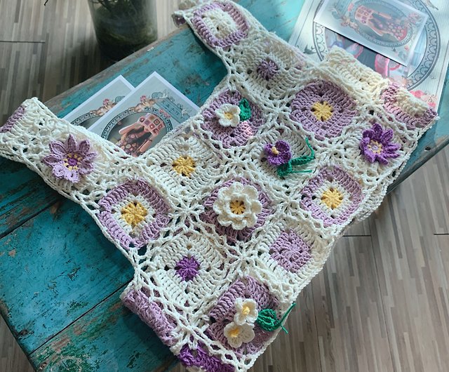 Liangben 手作りオリジナル藤の花のベストトップ手作りかぎ針編みの綿