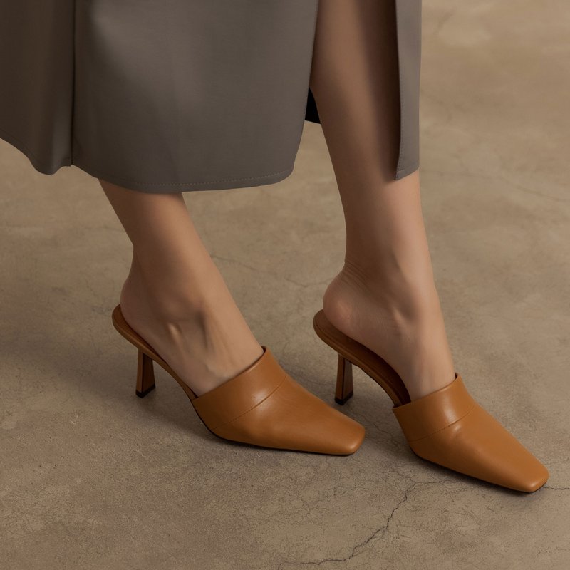 復古尖頭 胎牛皮細跟拖鞋 棕 - 拖鞋 - 真皮 橘色