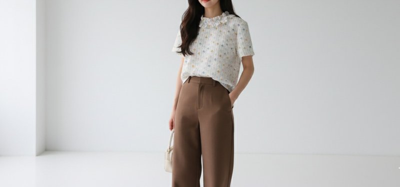 Off-white pastel floral print blouse with a ruffled neckline - 女上衣/長袖上衣 - 棉．麻 