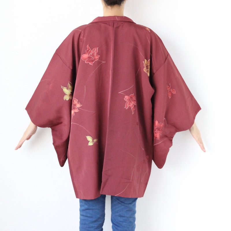 floral kimono, Japanese silk haori, Japanese fabric, kimono jacket /3989 - เสื้อแจ็คเก็ต - ผ้าไหม สีม่วง