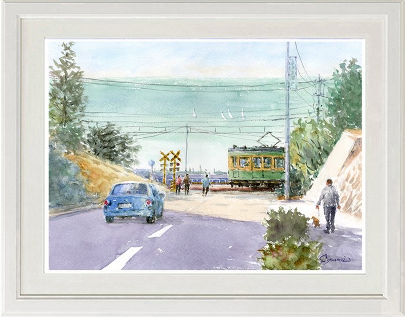 水彩画原画　江ノ電・鎌倉プリンスホテル前踏切 10 - 海報/掛畫/掛布 - 紙 藍色