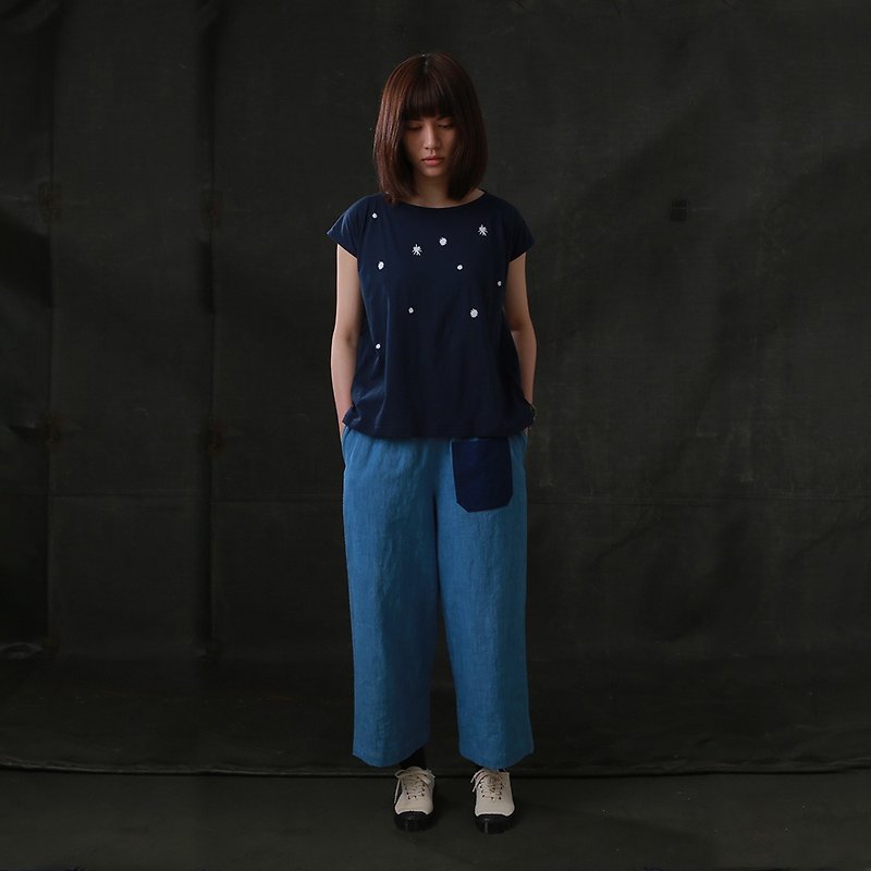 蘑菇Mogu / 有機棉衫/ 星夜 - 女上衣/長袖上衣 - 棉．麻 藍色