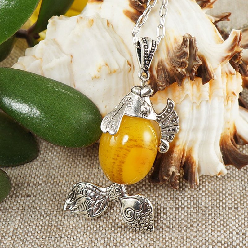 Honey Golden Yellow Agate Silver Fish Marine Pendant Necklace Woman Jewelry Gift - 項鍊 - 半寶石 黃色