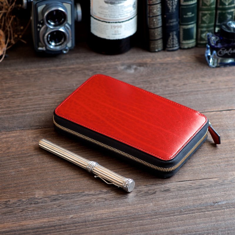 Round zipper fountain pen case 4 pens color order 設計館 leather