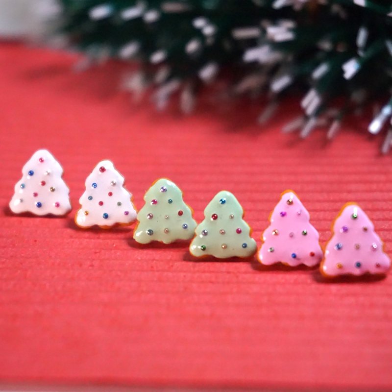 【Xmas Gift】Polymer Clay Miniature Christmas Tree Earrings/Ear Clips - Earrings & Clip-ons - Clay Khaki