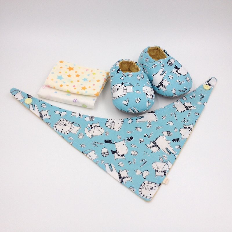 Scarf Animal Blue Background-Miyue Baby Gift Box (Toddler Shoes / Baby Shoes / Baby Shoes + 2 Handkerchiefs + Scarf) - ของขวัญวันครบรอบ - ผ้าฝ้าย/ผ้าลินิน สีน้ำเงิน