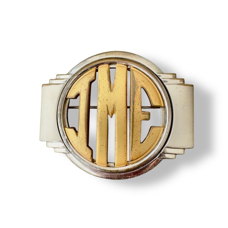 Antique 1930s Monocraft MONET Brooch Silver and Gold-Tone Monogram Logo Pin - 胸針 - 其他金屬 金色