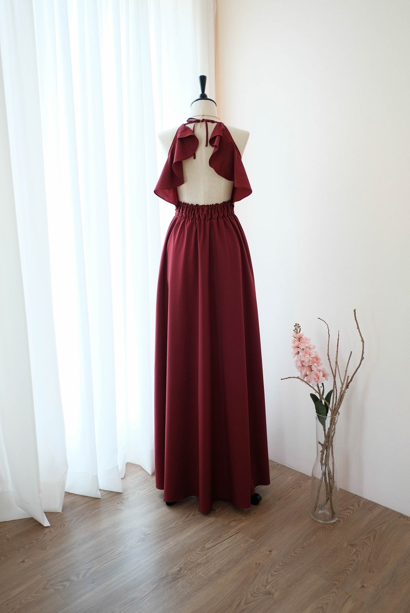 Burgundy backless halter bridesmaid dress Maxi red party cocktail wedding dress - 禮服/小禮服 - 聚酯纖維 紅色