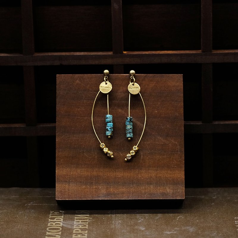 String Series Brass Turquoise Dangle Earrings Ear Pins Without Pierced Ears - ต่างหู - ทองแดงทองเหลือง สีเขียว