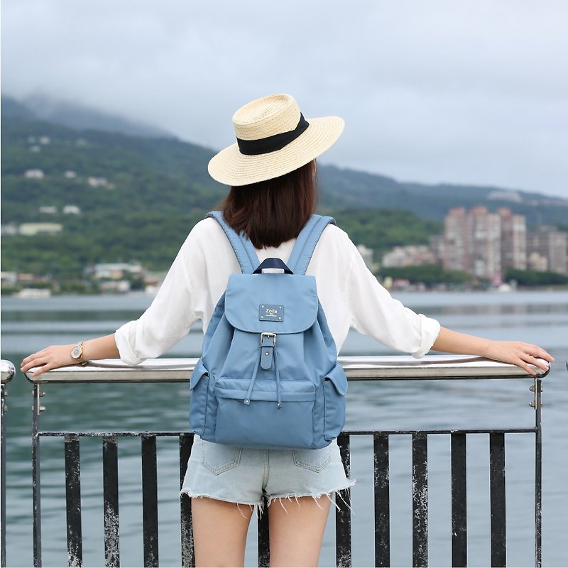 Style drawstring backpack L size (quiet blue)_mom bag_fashionable backpack_can hold 14-inch laptop - กระเป๋าเป้สะพายหลัง - ไนลอน สีน้ำเงิน