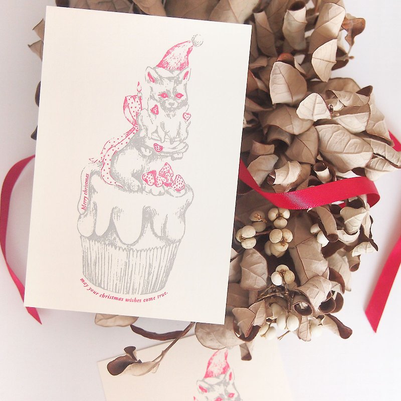Christmas card cat and Christmas cake - การ์ด/โปสการ์ด - กระดาษ 
