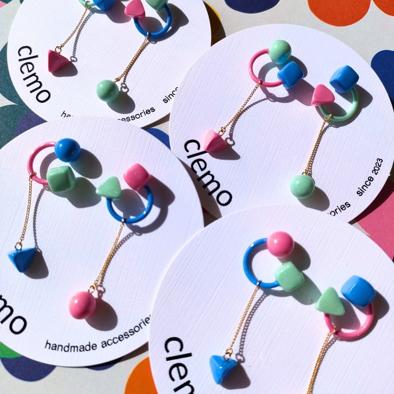 C圓形三角形方形 3色粉彩【耳針/耳夾】 - 耳環/耳夾/耳骨夾 - 其他材質 多色