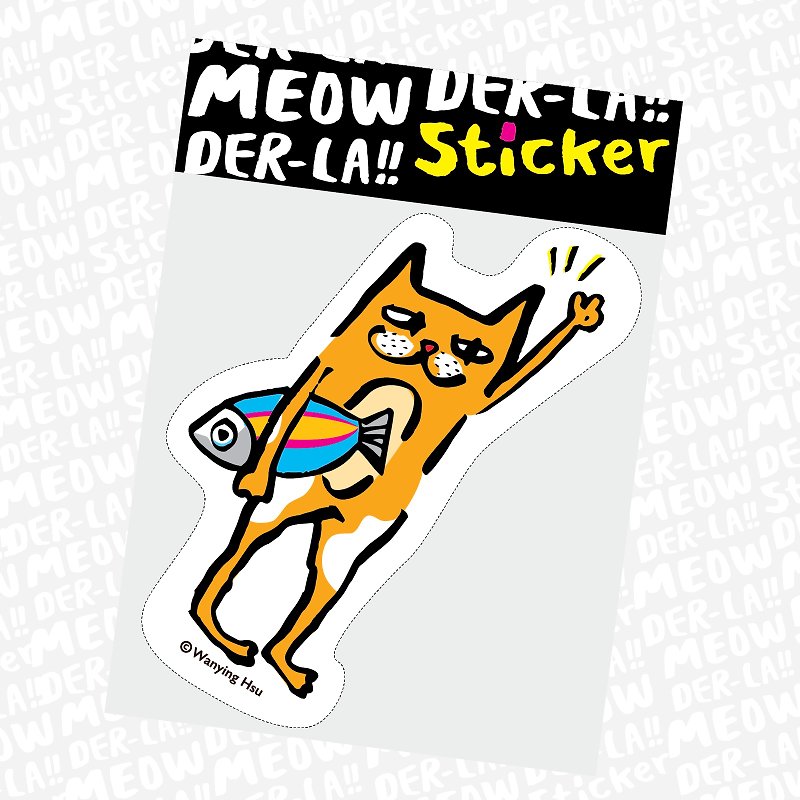 Maru Maru cat sticker hugs fish meow - สติกเกอร์ - วัสดุกันนำ้ 