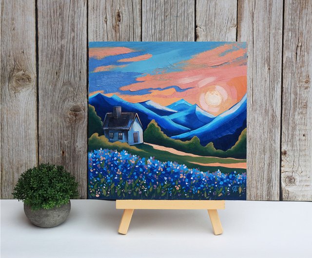 風景 山 油絵 村 オリジナルアート 夕焼け アートワーク - ショップ