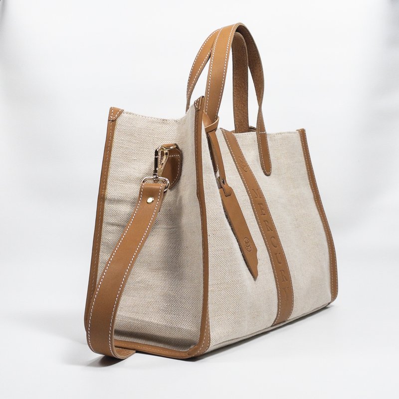 Mercury genuine leather and natural linen carry-shoulder bag - กระเป๋าแมสเซนเจอร์ - วัสดุอื่นๆ สีกากี