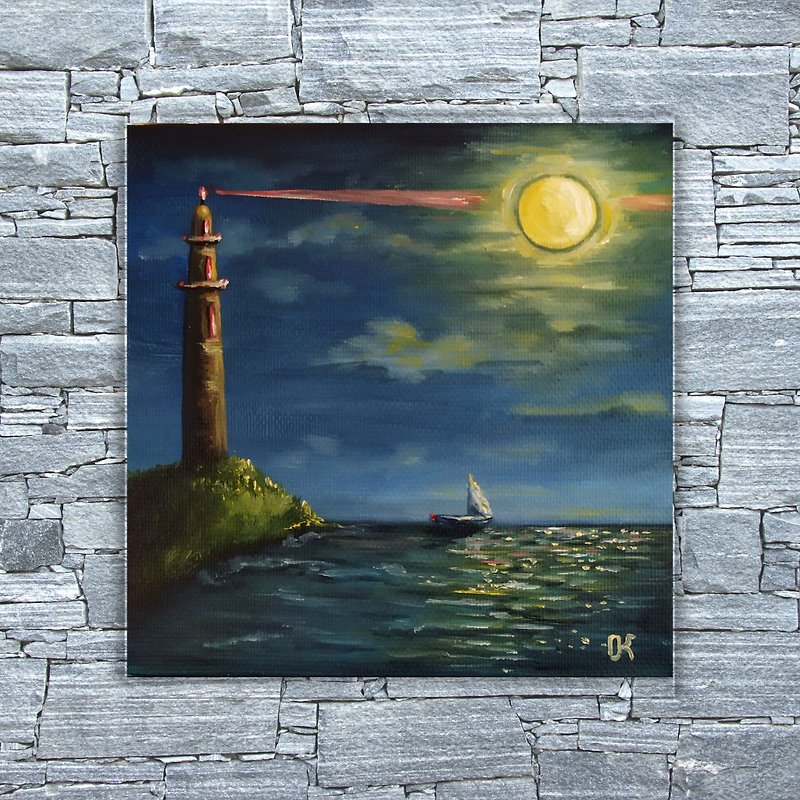 Lighthouse Original Painting Small Oil Painting on Canvas 油画海洋 与海景 手繪油畫 掛畫 - โปสเตอร์ - วัสดุอื่นๆ สีน้ำเงิน