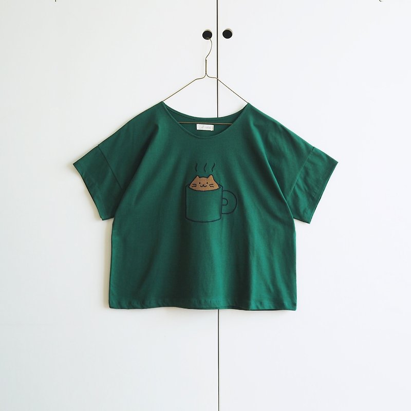 猫のスープカップTシャツ：緑 - Tシャツ - コットン・麻 グリーン