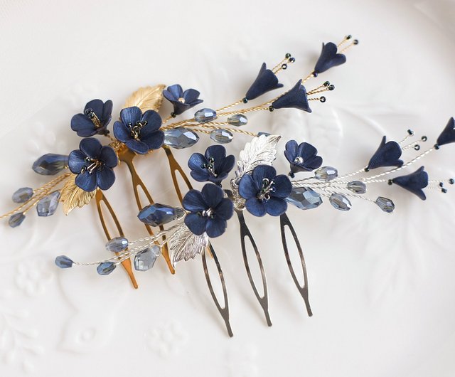 Blue gold floral hair comb Wedding dark hair piece bridal navy