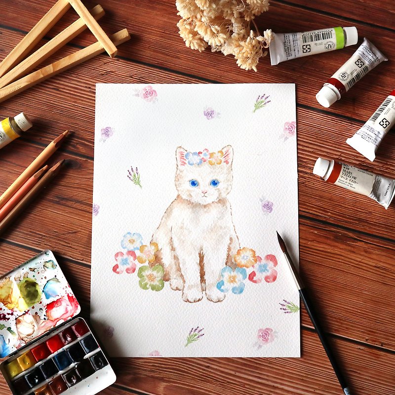 December countdown celebration, watercolor illustration of little white cat in the garden - วาดภาพ/ศิลปะการเขียน - กระดาษ 