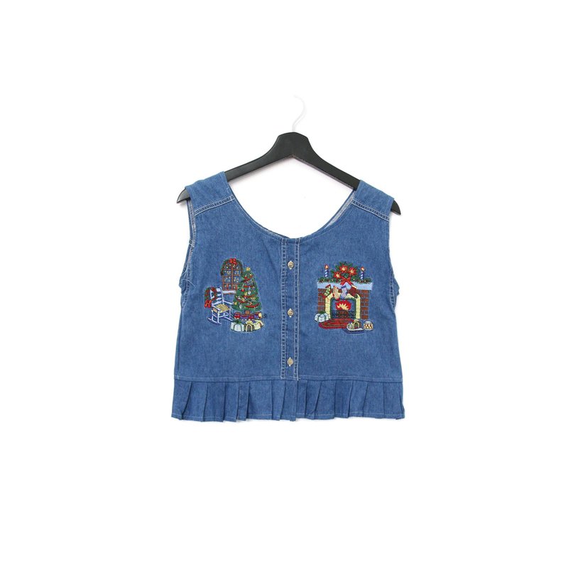 Back to Green-丹寧刺繡背心 聖誕回憶 火爐 dv-02//vintage vest - 背心/無袖上衣 - 棉．麻 
