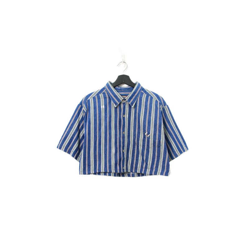 Back to Green-再製條紋短板襯衫 深藍丹寧ds-13//vintage shirt - 女襯衫 - 棉．麻 